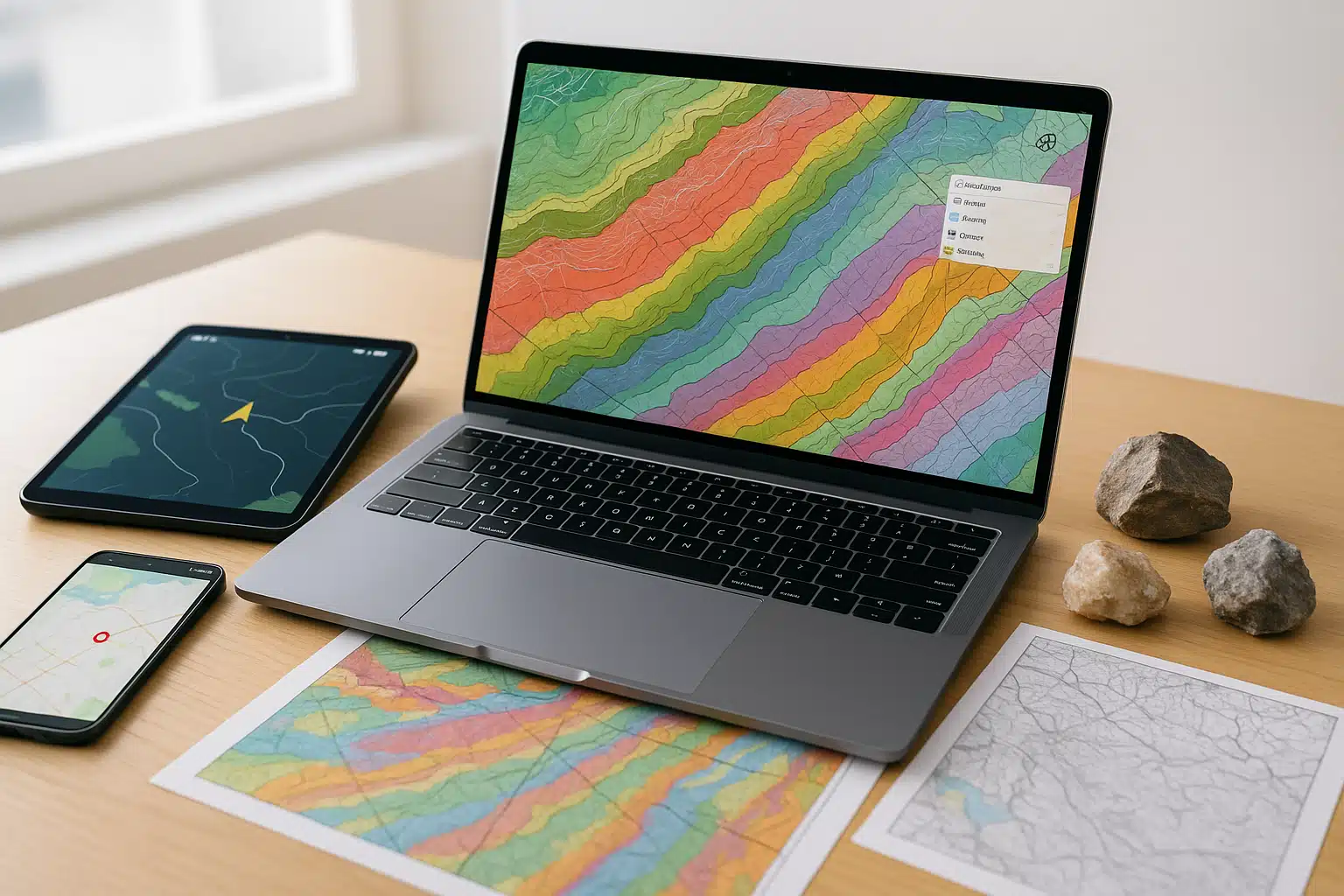 Modern workspace showing laptop displaying digital geological mapping software with layered topographic and geological data, tablet with GPS app, smartphone, printed maps, and mineral specimens arranged on desk, professional and tech-forward atmosphere, bright natural lighting