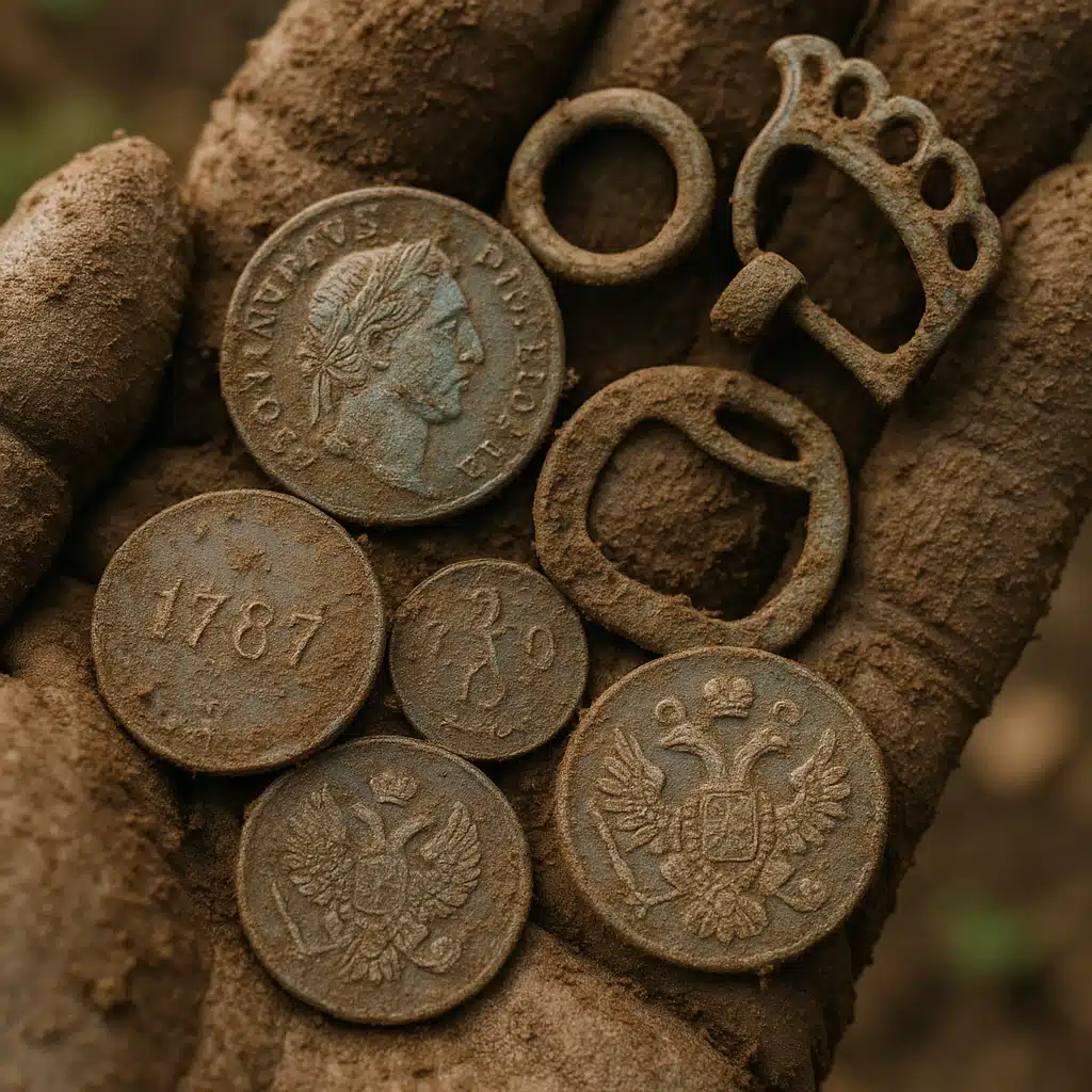 Close-up of muddy antique coins and metal artifacts being gently held in gloved hands, natural outdoor lighting, detailed texture showing layers of dirt and patina