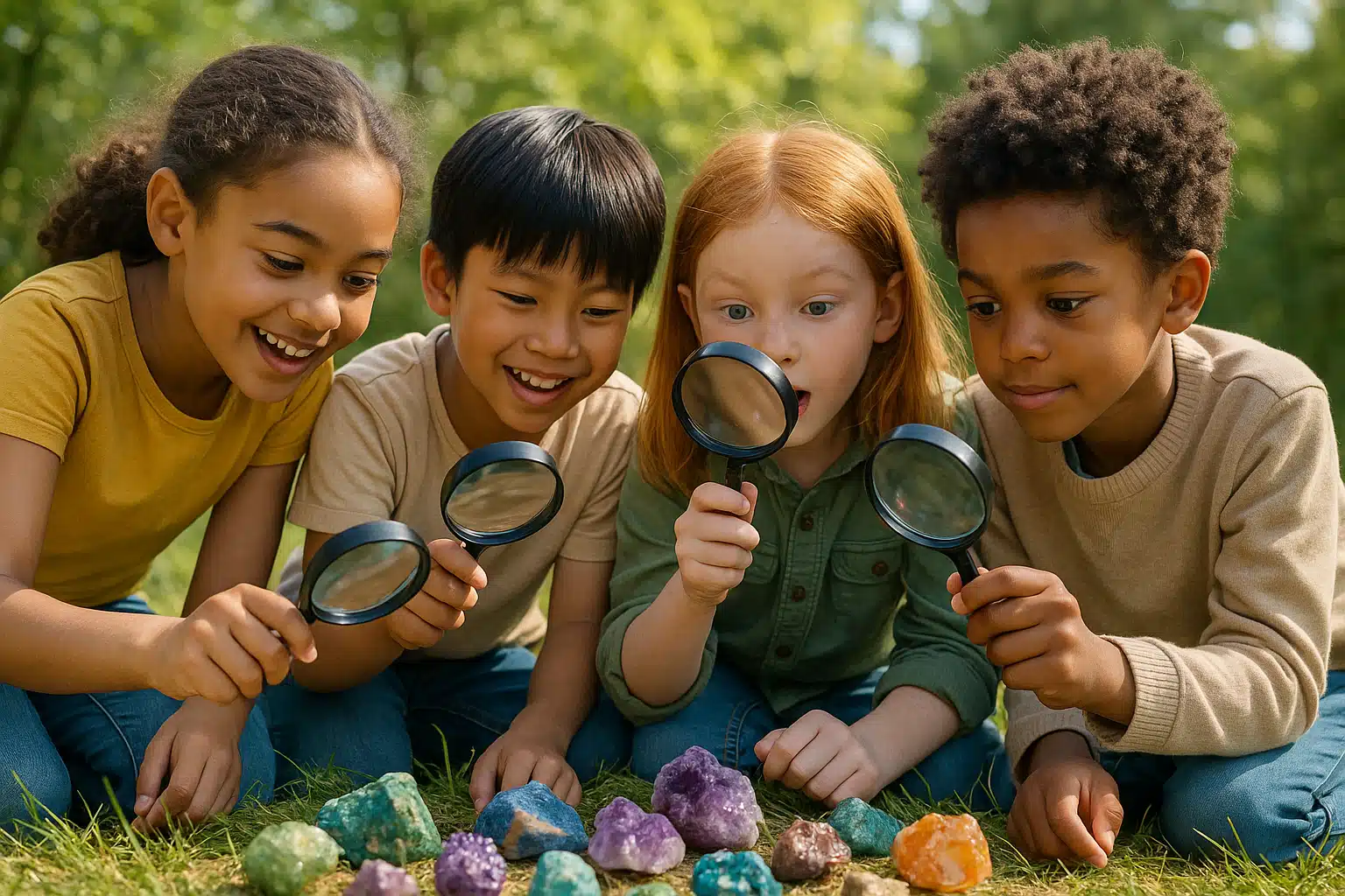 Happy children outdoors examining colorful rocks and minerals with magnifying glasses, natural daylight, educational and adventurous atmosphere