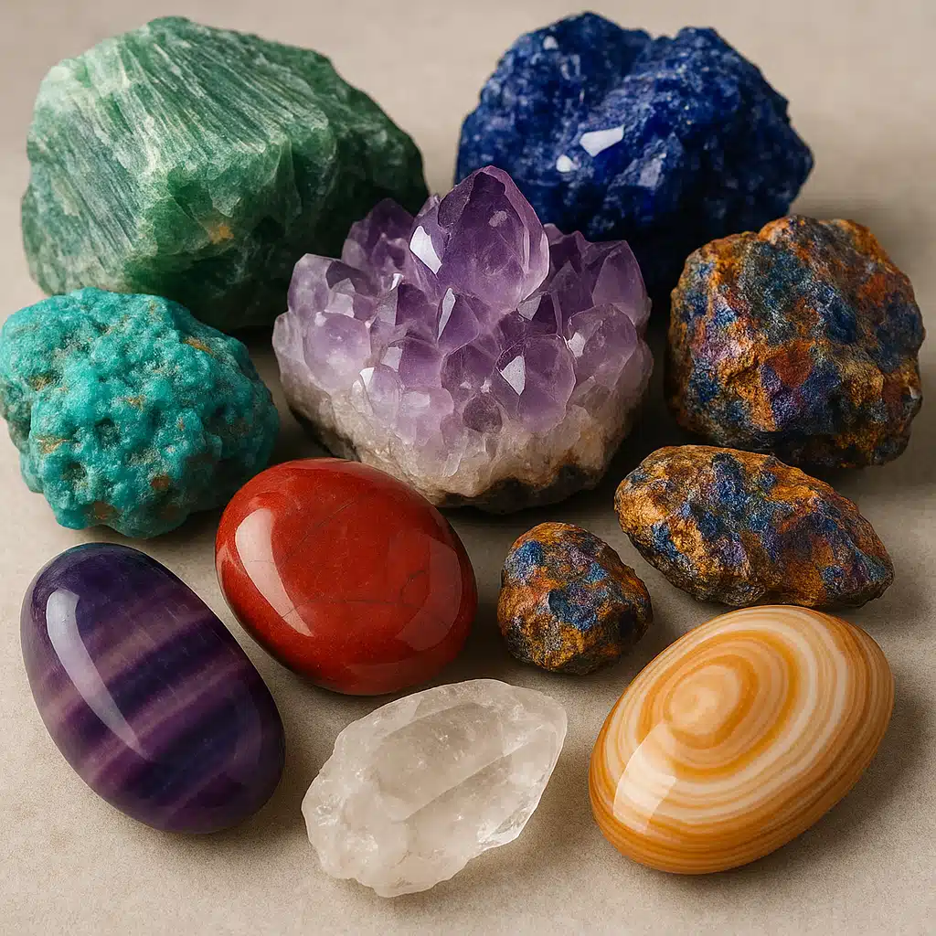 Close-up of various colorful mineral specimens and polished rocks arranged on a neutral surface, showing natural textures and crystalline structures with professional lighting