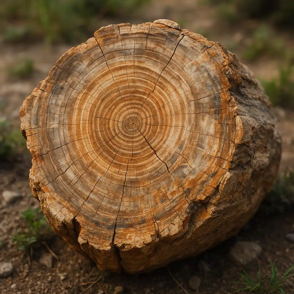 Close-up view of a piece of petrified wood showing intricate growth rings and mineral patterns, natural outdoor setting with soft lighting, educational and detailed perspective