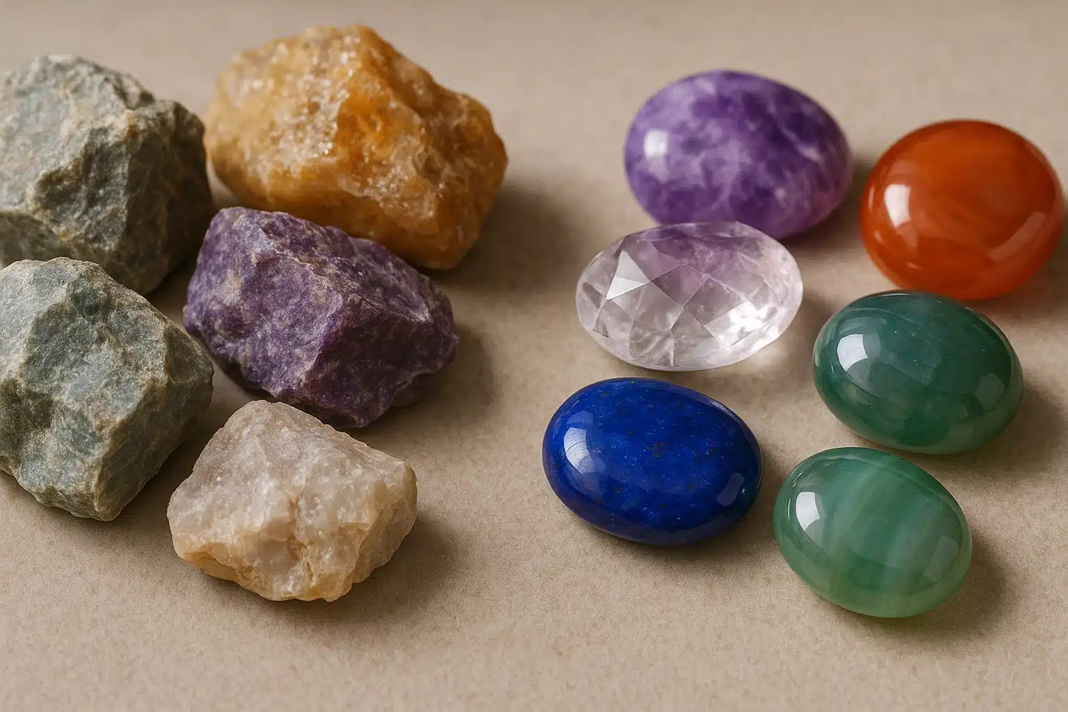 Close-up of rough unpolished stones next to beautifully polished gemstones on a neutral surface, showing the dramatic transformation, natural lighting, educational comparison