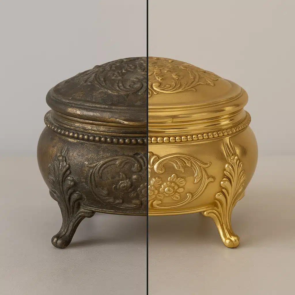 Before and after comparison of a tarnished antique item, split screen showing dirty condition on left and cleaned restored condition on right, professional photography with neutral background