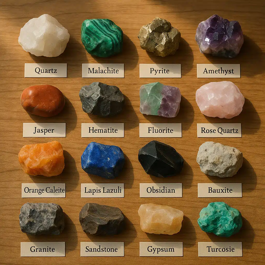 Diverse collection of rocks and minerals displayed on a wooden surface with identification labels, natural lighting, educational and organized presentation