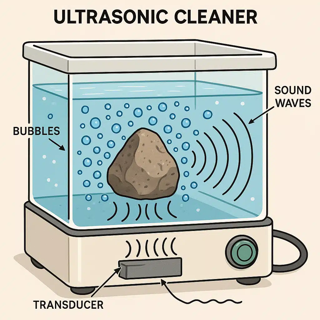 Cutaway technical illustration showing ultrasonic cleaner operation with sound waves creating bubbles around a rock specimen submerged in clear liquid, modern educational diagram style