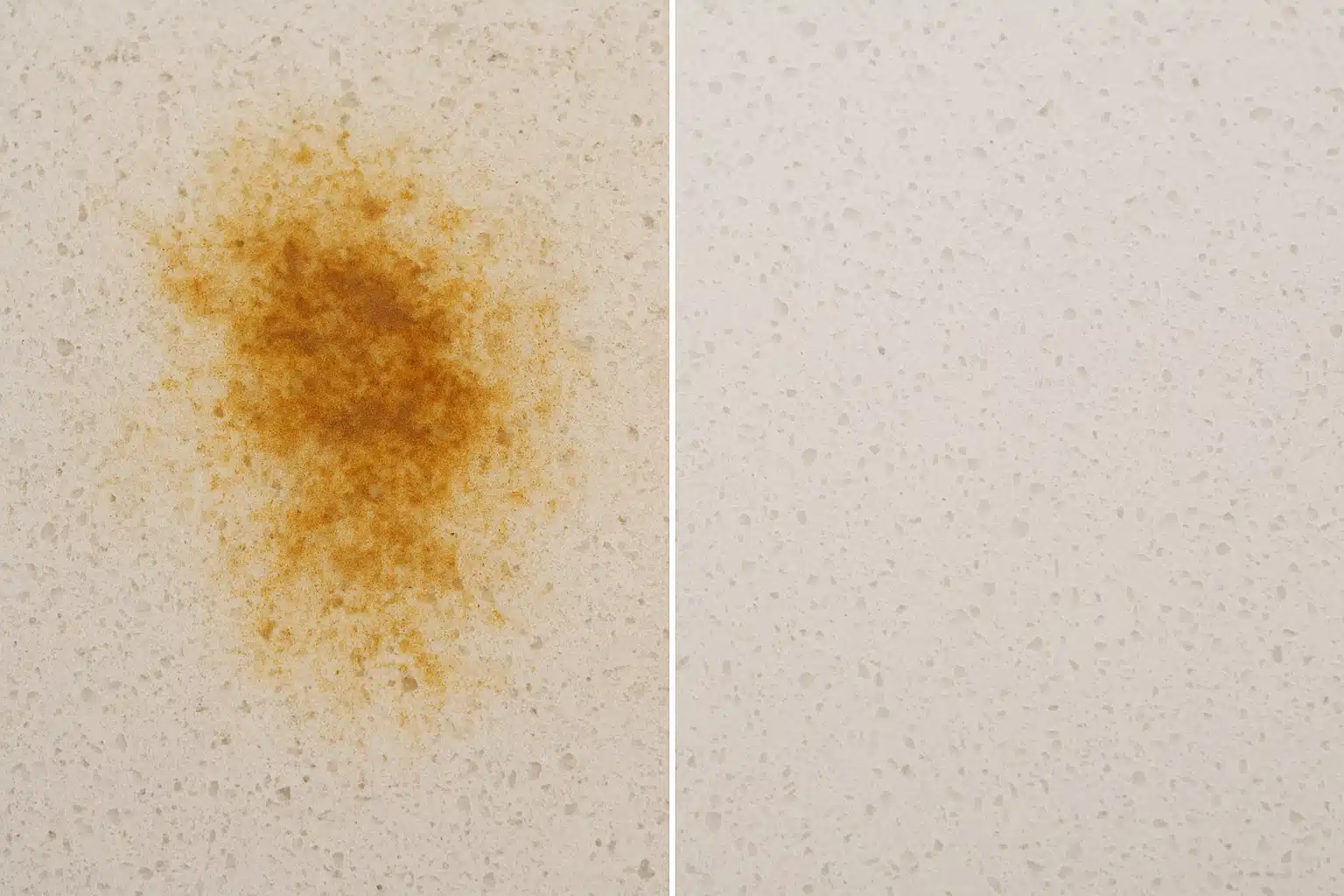 Before and after comparison showing rust-stained quartz surface on one side and clean restored quartz on the other, demonstrating the effectiveness of proper cleaning treatment
