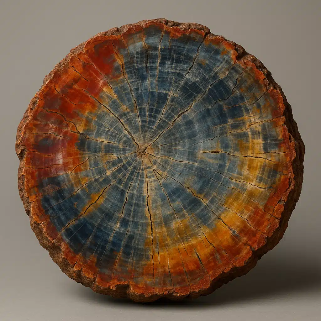 Cross-section of polished petrified wood displaying vibrant mineral colors and preserved cellular structure, museum-quality specimen against neutral background, sharp detail and professional lighting