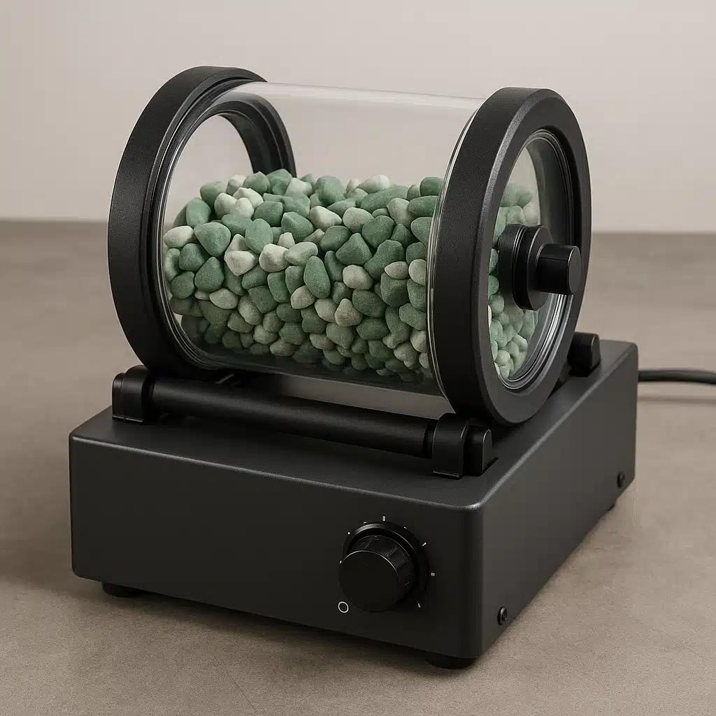 Modern rotary tumbler machine with transparent cylindrical barrel showing polishing media inside, positioned on a workshop table, neutral background, clear product photography style