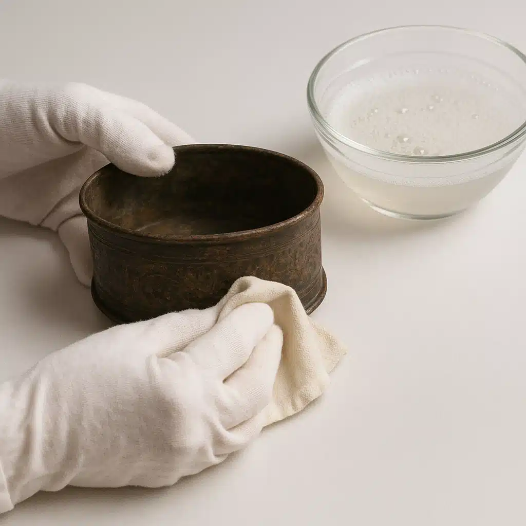 Hands wearing white cotton gloves gently cleaning an antique object with soft cloth and bowl of soapy water on clean white work surface, soft diffused lighting, professional conservation setup