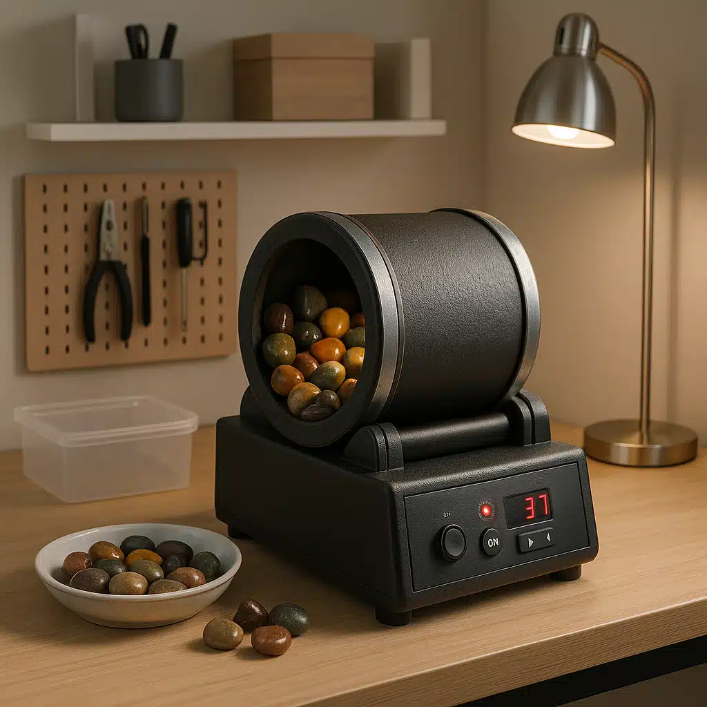 Rock tumbler machine in operation with stones visible inside the barrel, modern home workshop setting, clean and organized workspace, soft ambient lighting