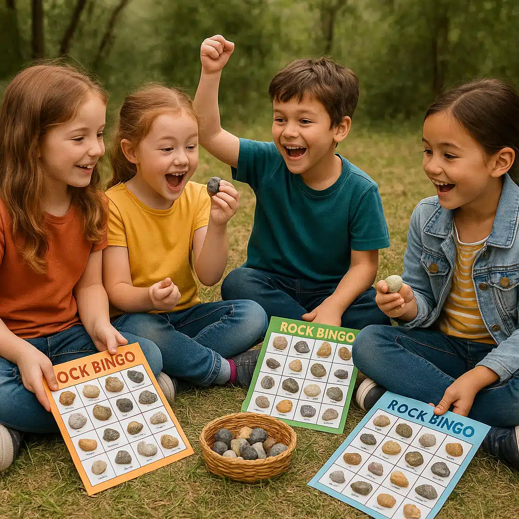 Children playing an outdoor educational bingo game with rock specimens, colorful bingo cards visible, natural outdoor setting with excitement and engagement
