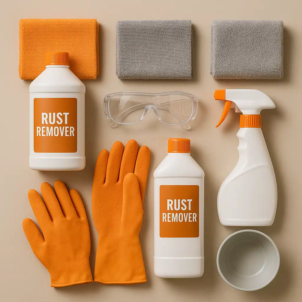 Organized collection of cleaning supplies including bottles of rust remover, microfiber cloths, protective gloves, safety goggles, spray bottle, and mixing bowl arranged on a neutral surface, professional cleaning setup