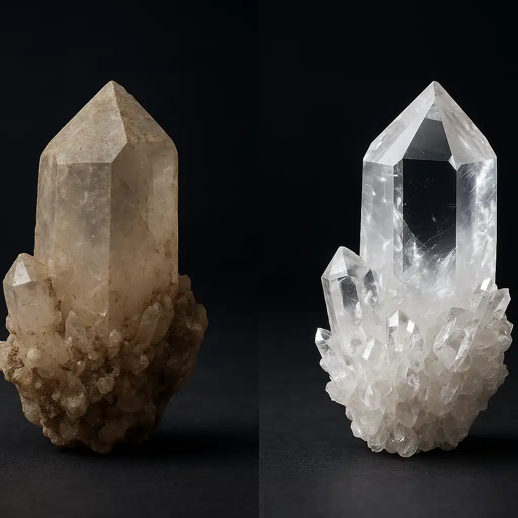 Before and after comparison of a quartz crystal specimen, showing dull dirty surface on left and sparkling clean crystal on right, studio lighting against dark background