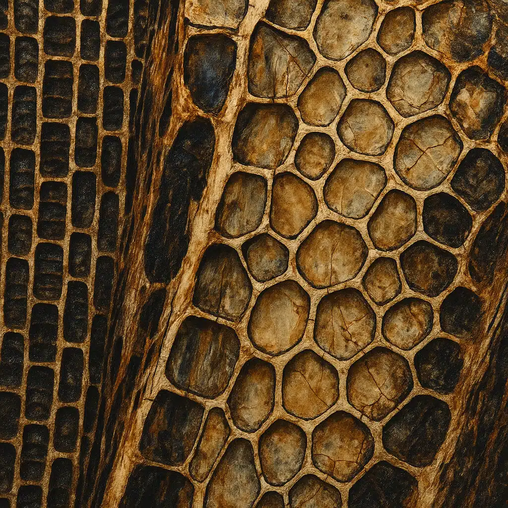 Magnified view of petrified wood showing preserved cellular structure and honeycomb-like patterns, scientific and educational presentation, high contrast and clarity