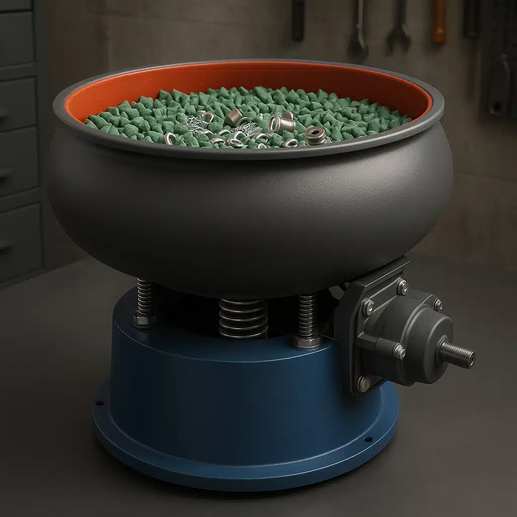 Contemporary vibratory tumbler with bowl-shaped container filled with polishing media and small metal parts, workshop setting, side angle view showing vibration mechanism, professional lighting