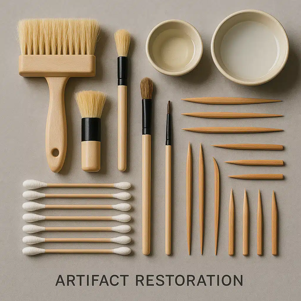 Array of specialized cleaning tools for artifact restoration including soft bristle brushes of various sizes, cotton swabs, wooden picks, small bowls with cleaning solutions, organized on professional work surface