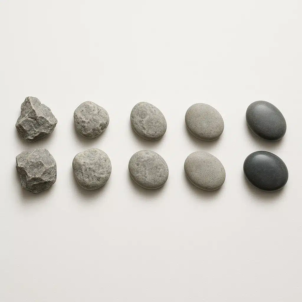 Five groups of stones arranged in sequence showing progressive stages from rough to polished, overhead view, well-lit white background, educational layout demonstrating transformation