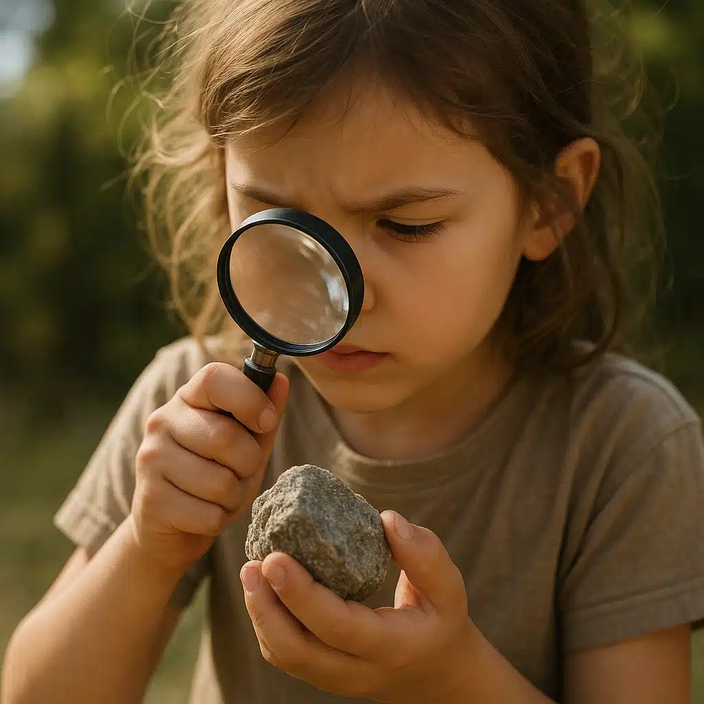 Child closely examining a rock specimen with a magnifying glass, detailed observation, focused expression, natural outdoor lighting, educational discovery moment