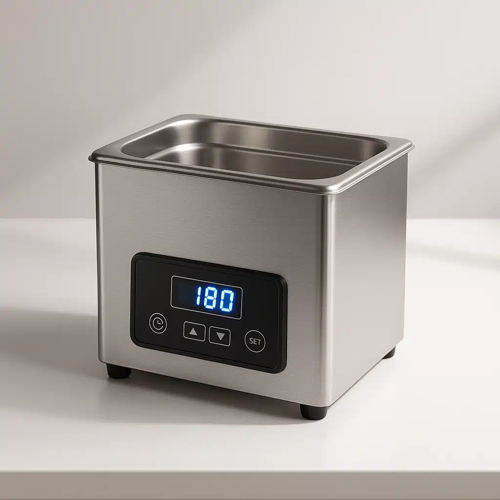 Modern stainless steel ultrasonic cleaner with digital display and timer controls on clean white countertop, professional product photography with soft shadows