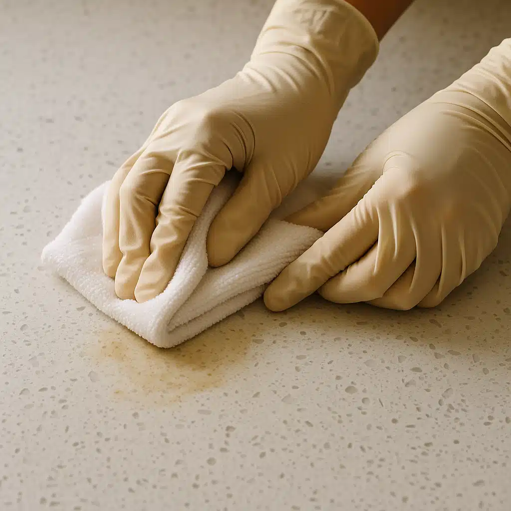 Hands wearing protective gloves applying cleaning solution with a soft white cloth to a quartz countertop surface, demonstrating proper technique for stain removal, close-up detail shot with natural lighting