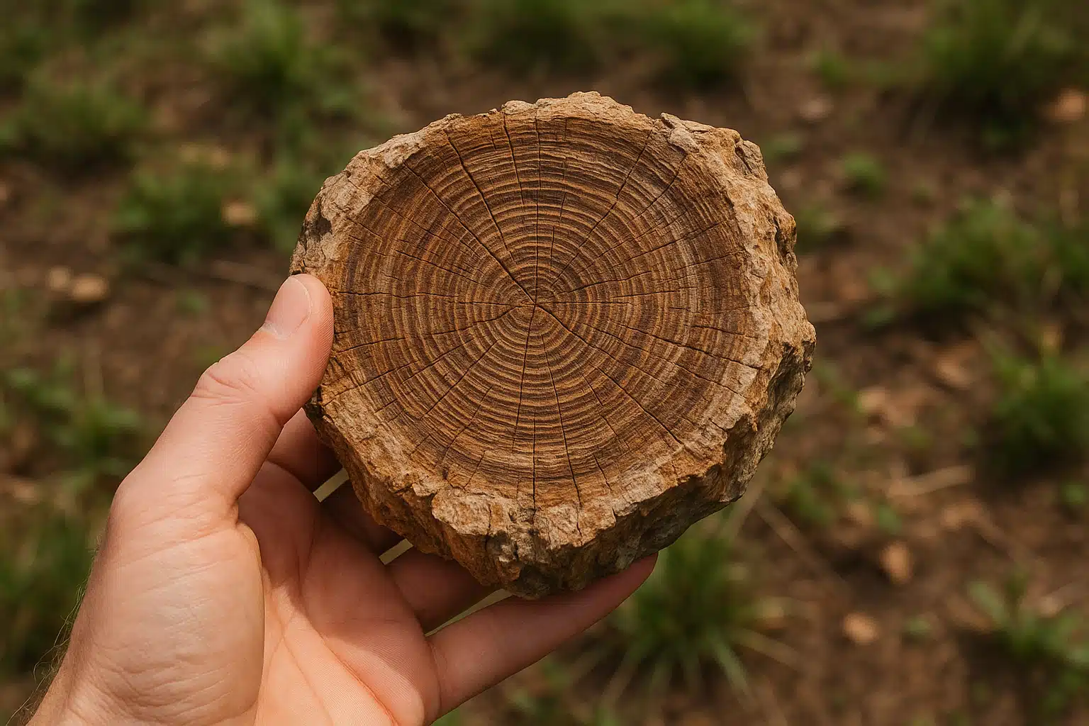 Hand holding a specimen of petrified wood in natural outdoor setting, examining growth rings and texture, educational field identification scene with natural daylight