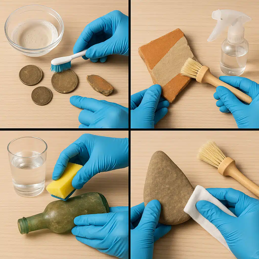 Collection of different materials being cleaned separately: metal coins, ceramic pottery shard, glass bottle, and stone artifact, each with appropriate cleaning tools and solutions, educational demonstration layout
