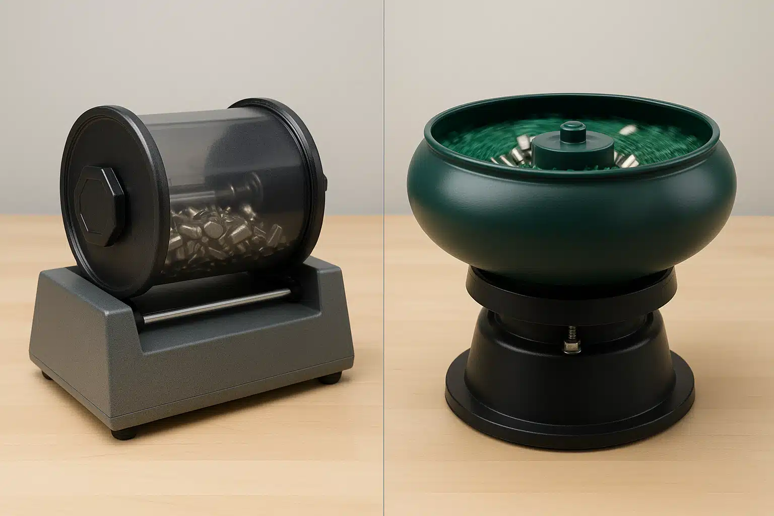 Side-by-side comparison showing a rotary tumbler on the left and vibratory tumbler on the right on a clean workbench, both machines actively running, neutral workshop background, clear educational photography style