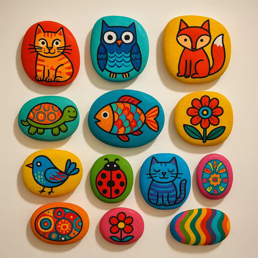 Colorful painted rocks displayed as art pieces with creative designs including animals and patterns, gallery-style presentation, bright and cheerful artistic atmosphere