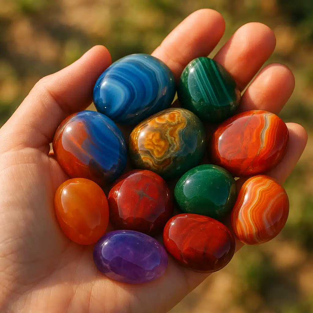 Hand holding a collection of colorful polished gemstones including agates and jaspers, natural outdoor lighting, stones displaying vibrant colors and mirror-like polish, inspirational and aspirational mood