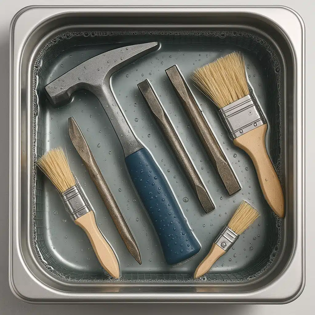Collection of geological tools including rock hammer, chisels, and brushes being cleaned in an ultrasonic cleaner tank filled with clear solution, overhead view