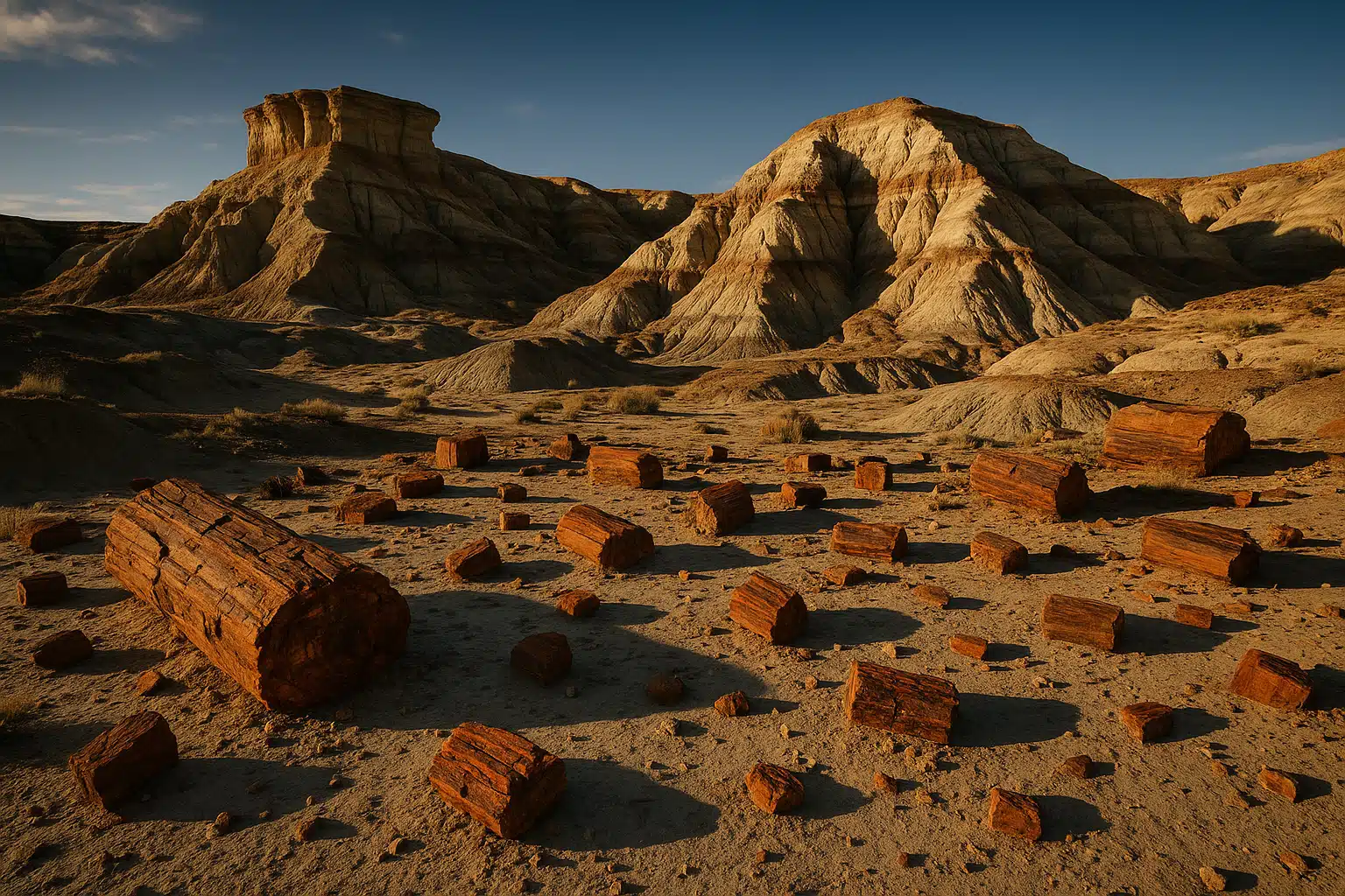 Desert landscape with exposed sedimentary rock formations and scattered pieces of petrified wood on the ground, wide-angle view with dramatic natural lighting and clear sky