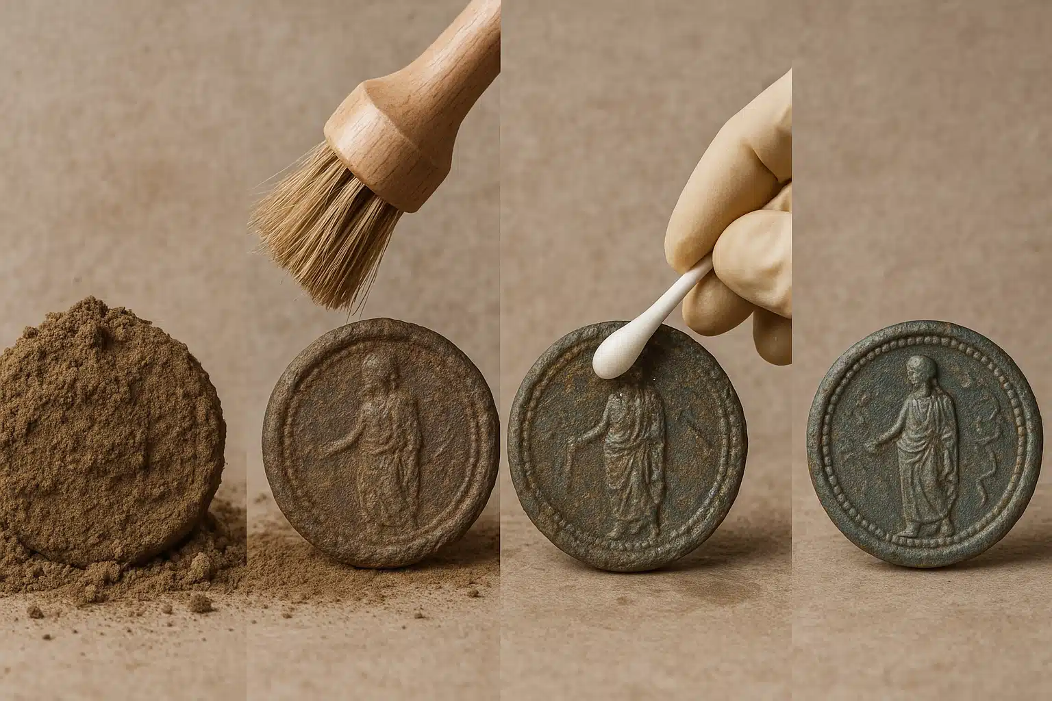 Step-by-step cleaning process demonstration showing progression from dirty found artifact to cleaned item, multiple stages displayed in sequence, documentary style photography with clear before and after results