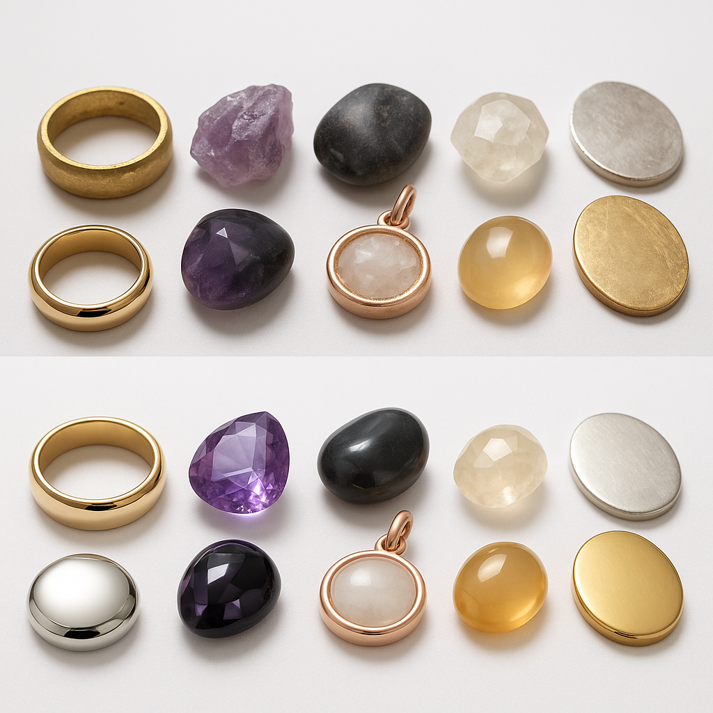 Array of finished products including polished jewelry pieces, smooth gemstones, and refined metal components displayed on a white surface, before and after comparison showing rough and polished items, bright professional lighting