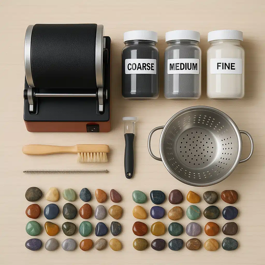 Clean and organized rock tumbling workstation showing tumbler, containers of different grits labeled by stage, cleaning brushes, colander, and sorted stones, overhead view, tidy workspace promoting proper technique