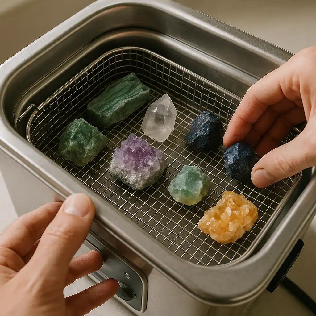 Hands carefully placing mineral specimens into basket inside ultrasonic cleaner tank, close-up view showing proper spacing and arrangement, natural lighting