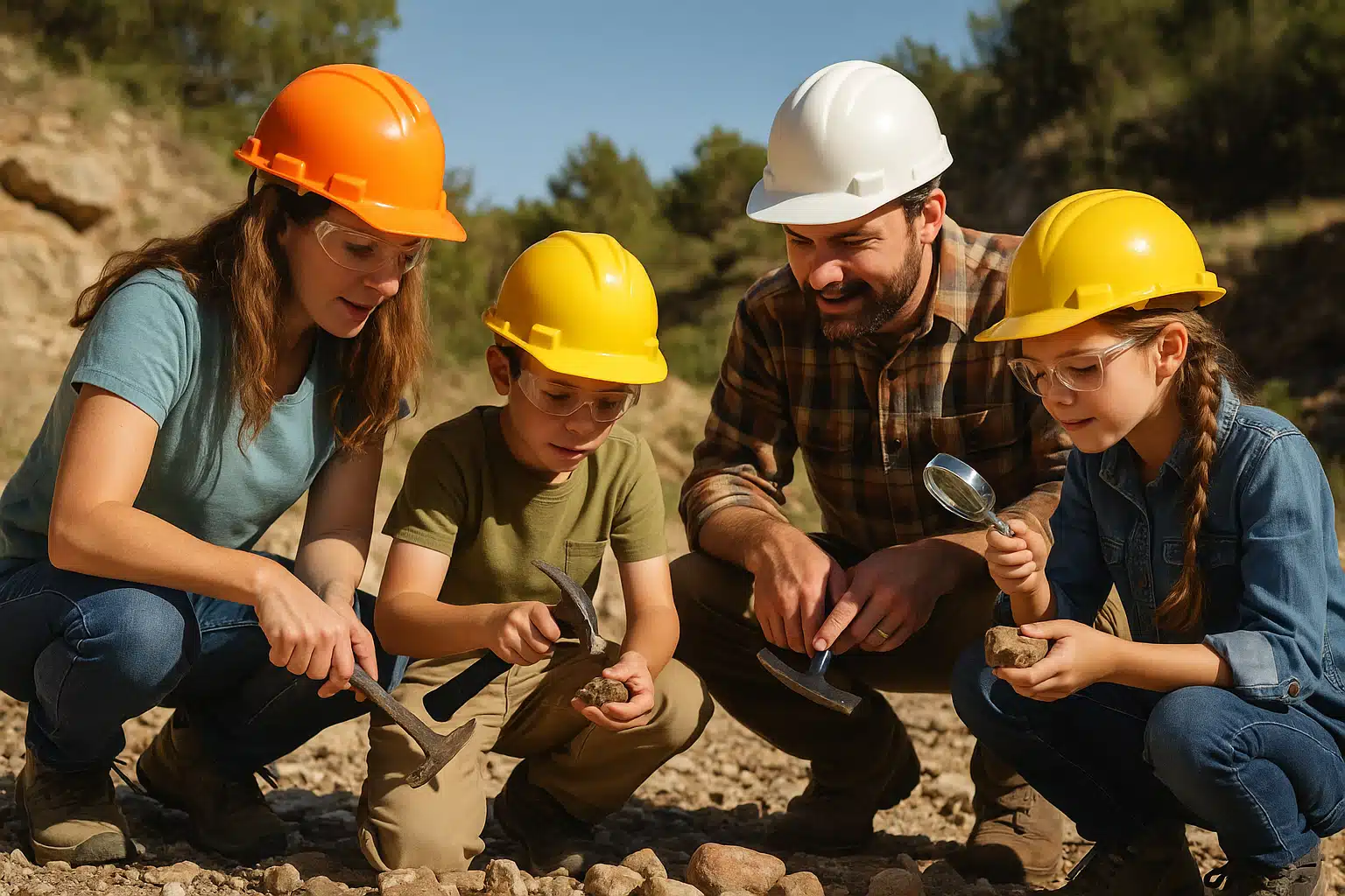 Family rockhounding together in a natural outdoor setting, wearing appropriate safety gear, examining rocks with tools, sunny day, educational outdoor adventure