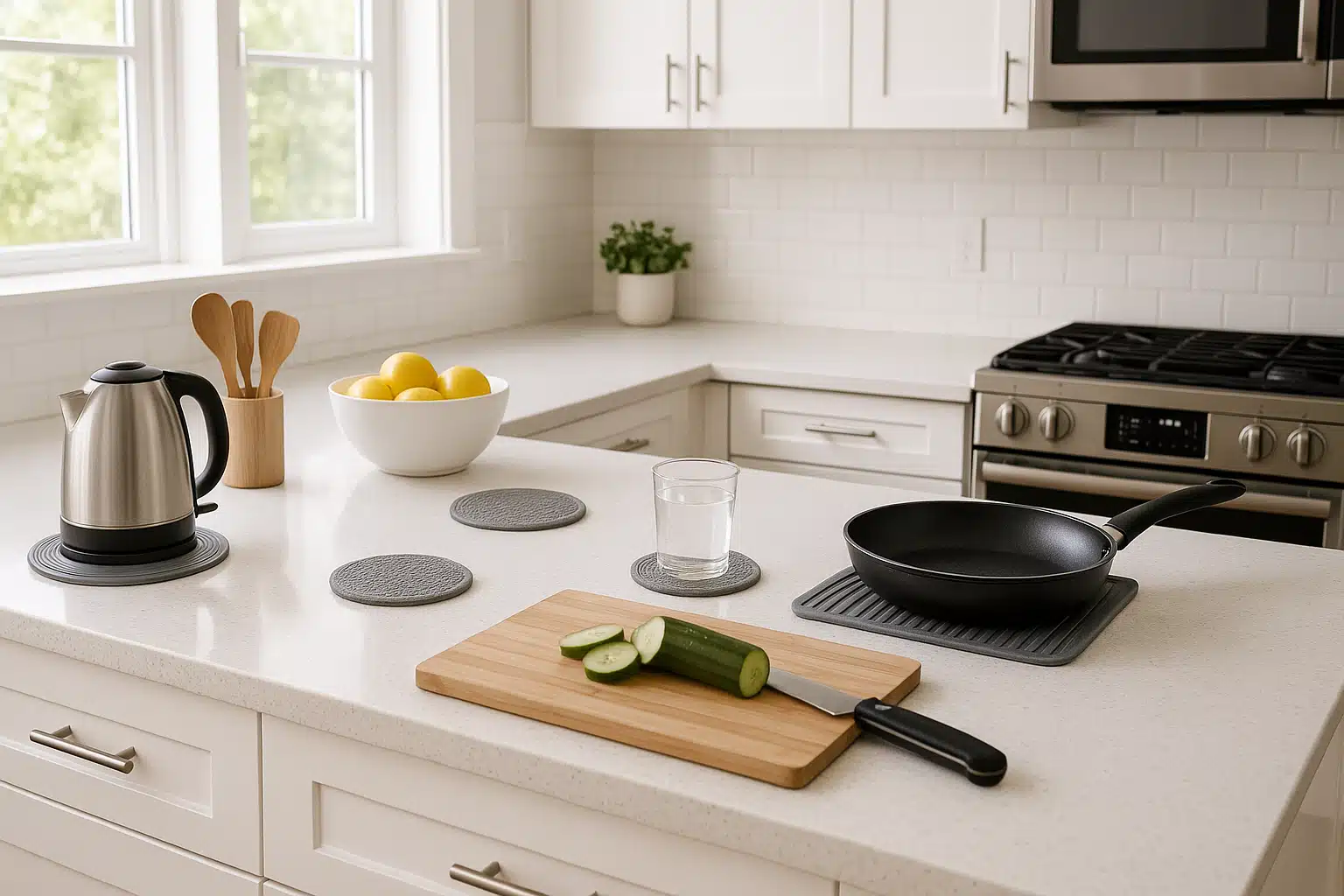 Well-organized kitchen showing quartz countertops with protective trivets, coasters, and cutting boards in use, demonstrating proper preventive care, bright and clean modern interior with good natural light