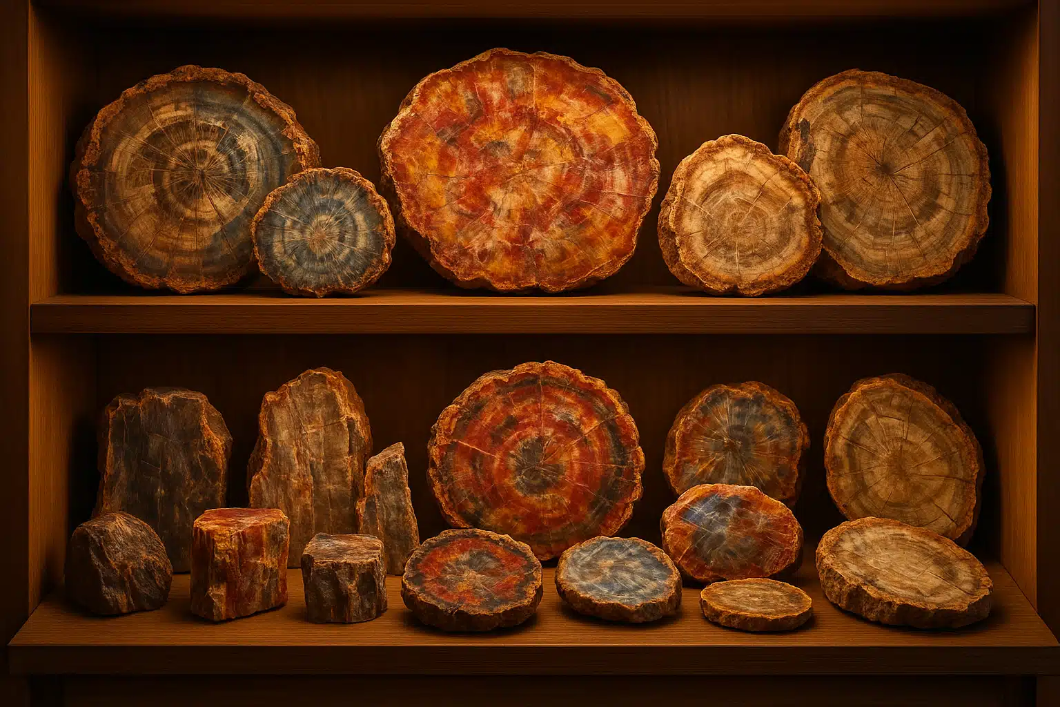 Collection of polished petrified wood specimens in various colors and sizes displayed on wooden shelves, museum or collector display style, warm lighting highlighting natural beauty and details