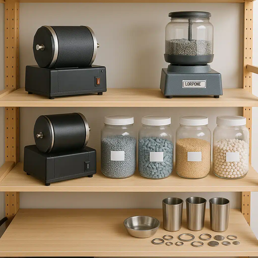 Organized workshop space showing both types of tumblers on shelving along with various polishing media containers and finished product samples, professional craft studio environment, well-lit and clean aesthetic