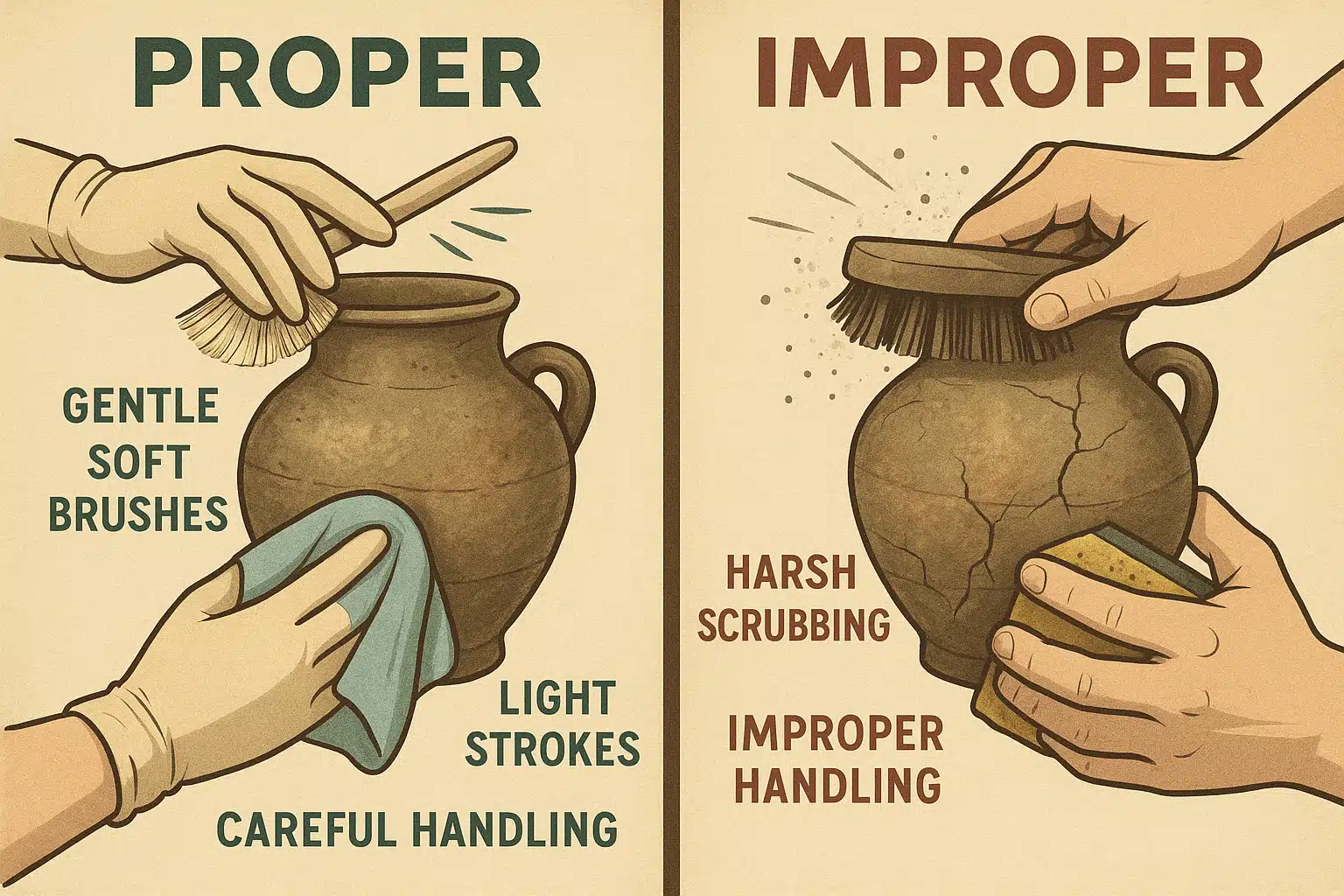 Split image showing correct cleaning technique on left with gentle tools and proper method versus incorrect aggressive cleaning on right, educational comparison for learning proper artifact care