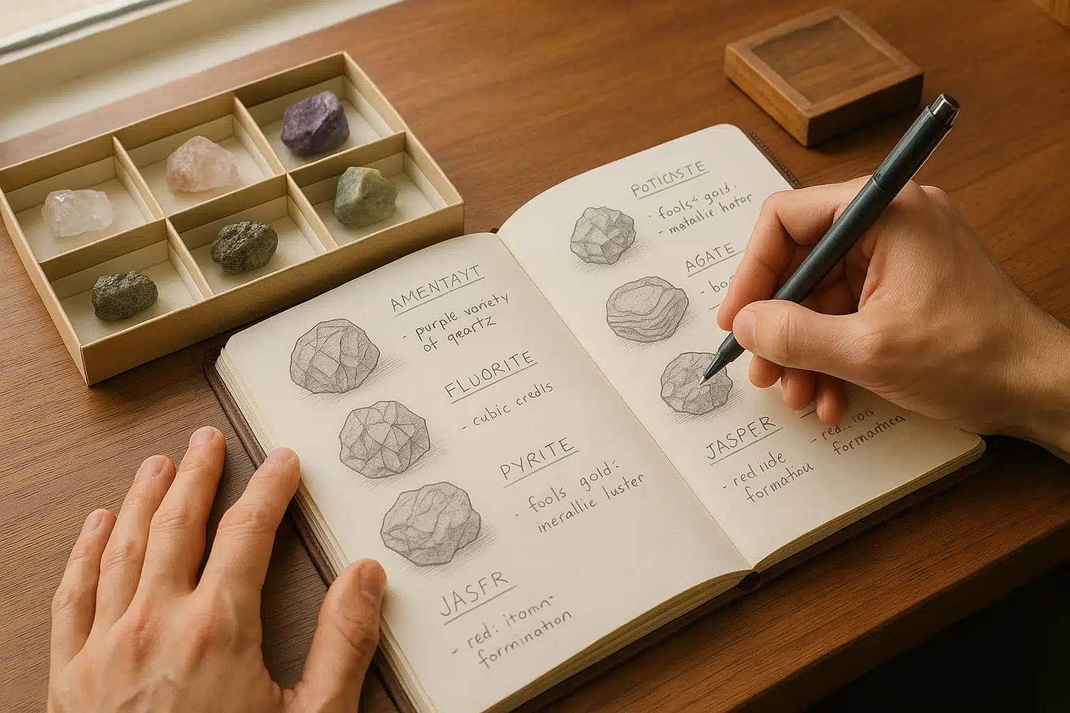 Hands writing in a notebook next to a collection of labeled stone samples, journal showing detailed notes and sketches, wooden desk, natural window light, organized and methodical approach to the hobby