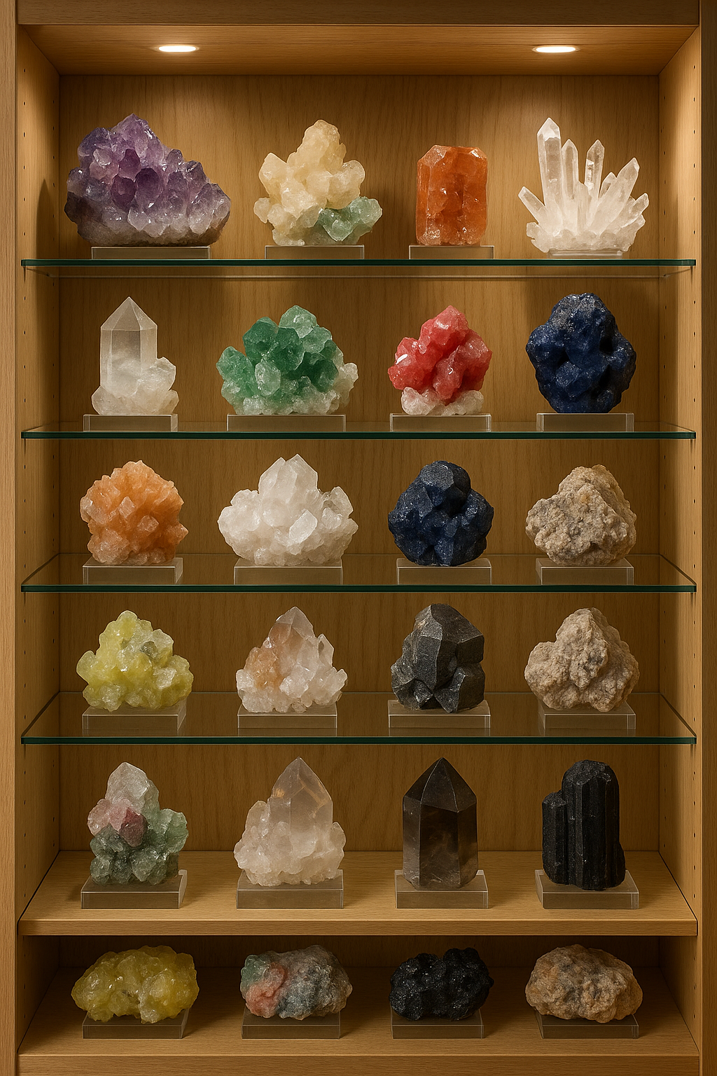 Organized display cabinet filled with pristine cleaned mineral specimens, crystals, and rocks under soft lighting, showcasing the results of proper collection maintenance