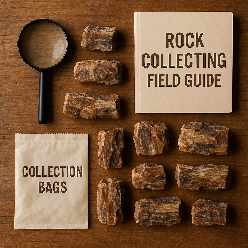Beginner's rock collecting kit laid out on wooden surface including magnifying glass, field guide, collection bags, and several specimens of petrified wood, organized and educational presentation with natural lighting