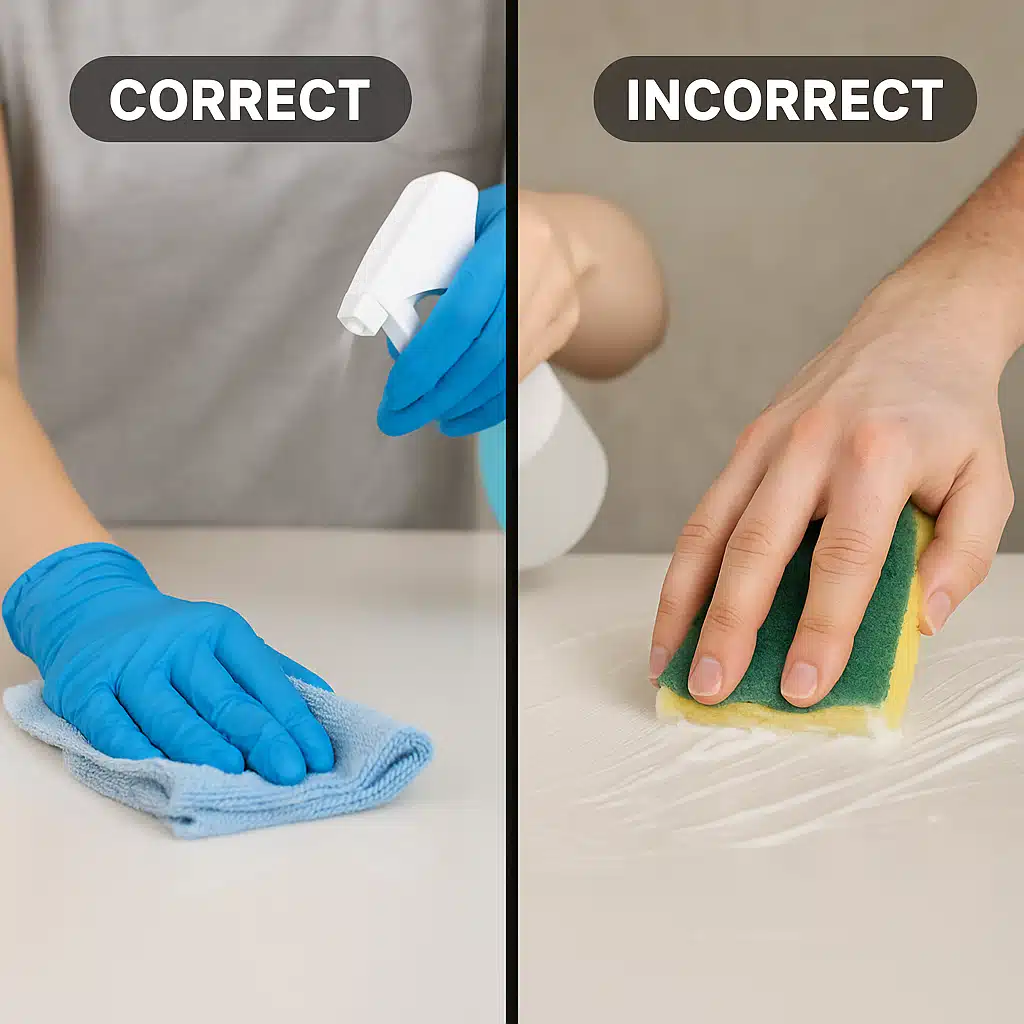 Split image showing correct and incorrect cleaning techniques, one side demonstrating gentle application with proper tools, the other showing common mistakes like abrasive scrubbers and improper solutions, educational comparison for cleaning guidance