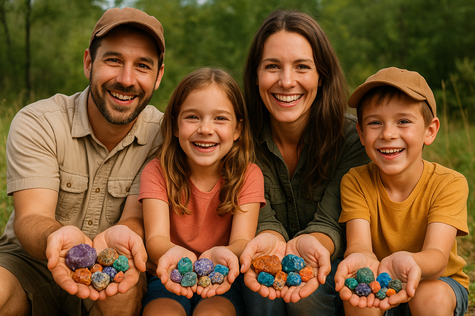 Happy family displaying their rock collection after a successful rockhounding adventure, various colorful specimens visible, outdoor natural setting, sense of accomplishment and shared joy