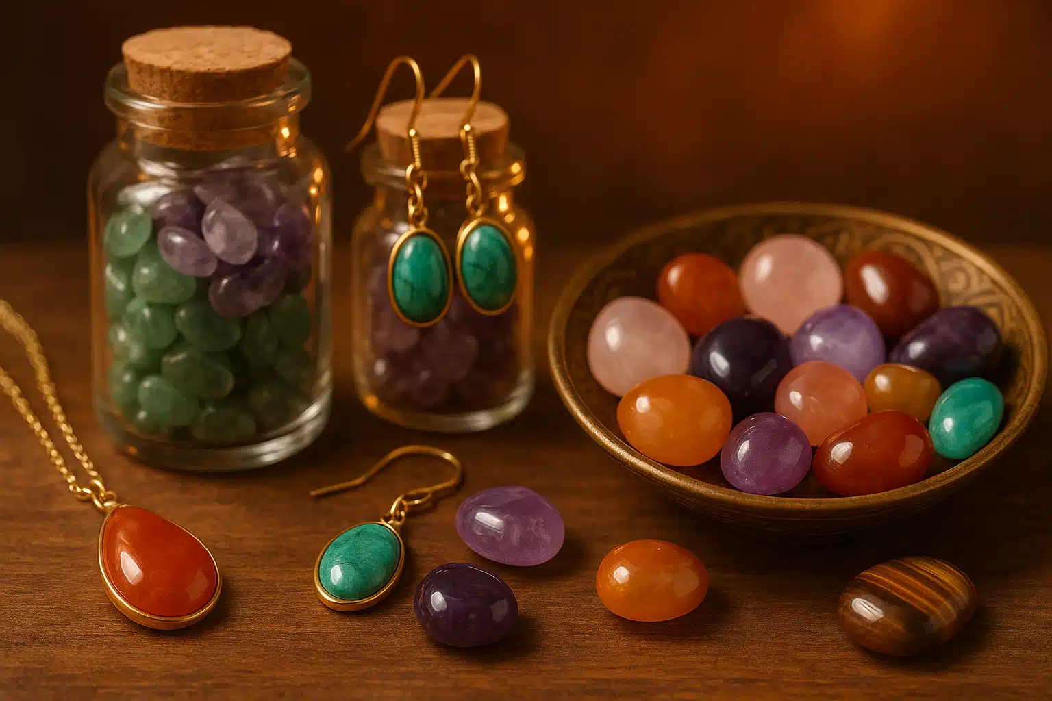 Finished polished stones displayed in various ways including in glass jars, as jewelry pieces, in decorative bowls, and individually showcased, inspiring display of possibilities, warm lighting, creative presentation