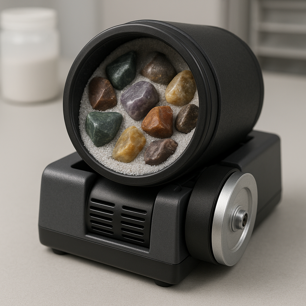 Close-up of a rock tumbler barrel filled with rough stones and tumbling grit, modern hobby equipment on a clean workbench, well-lit educational setting