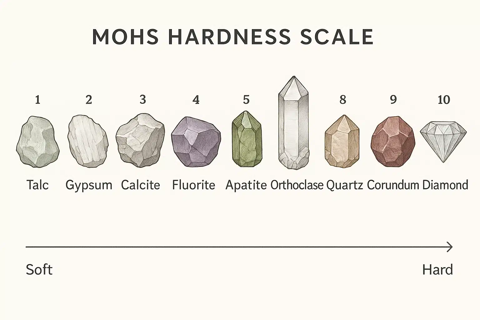 Educational diagram showing the Mohs hardness scale with various mineral samples arranged from soft to hard, professional scientific illustration style