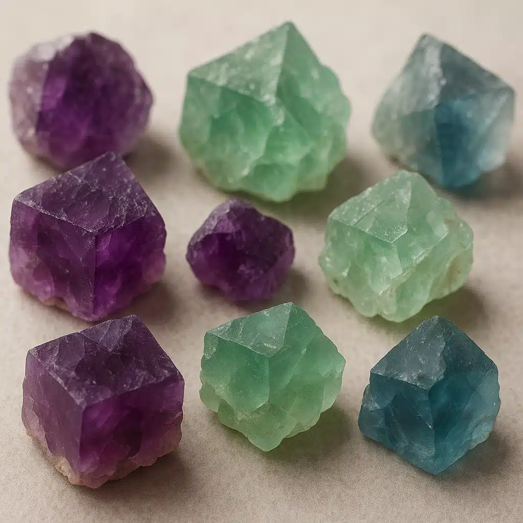 Collection of natural fluorite crystals in various colors including purple, green, and blue, displayed on neutral background, macro photography with soft lighting