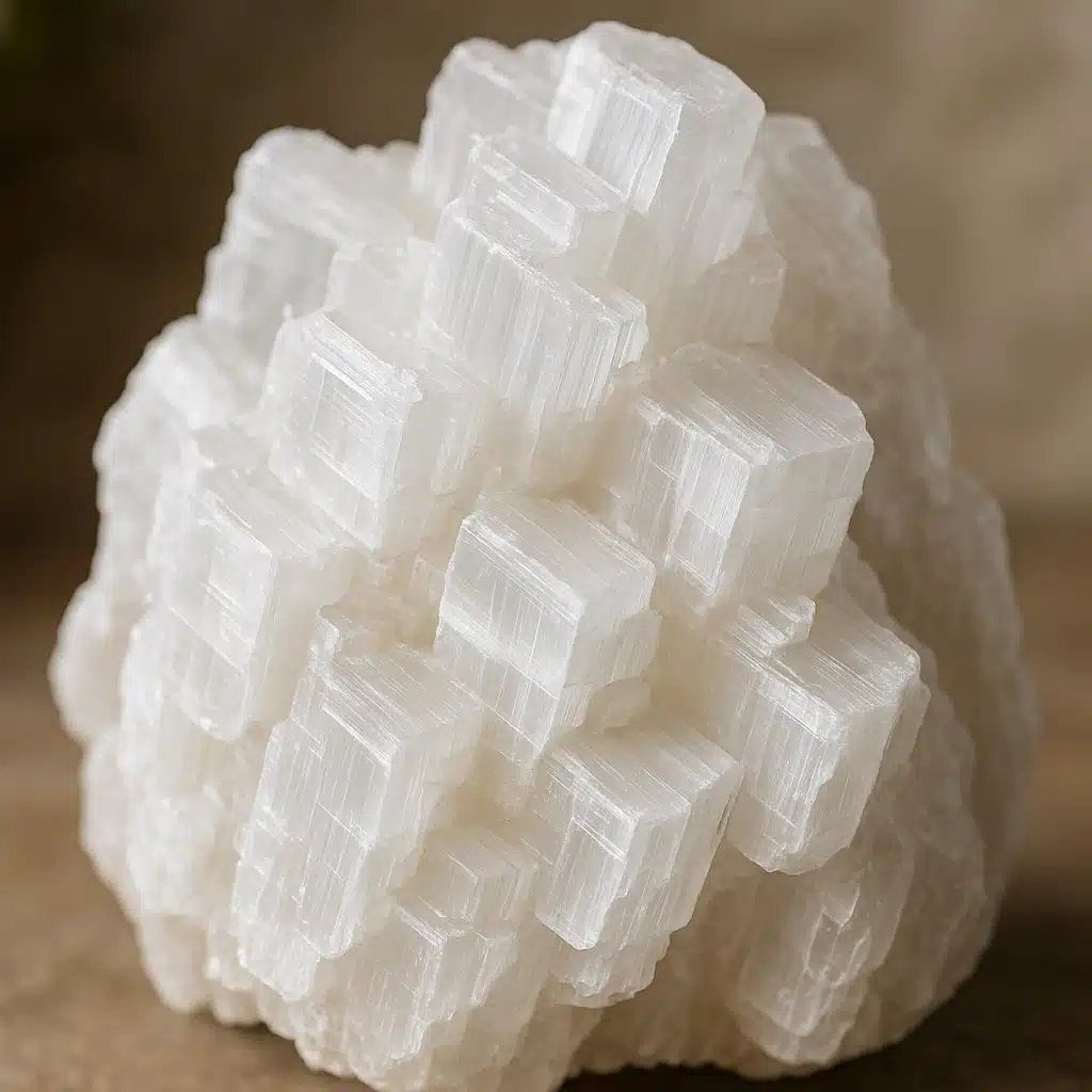 Natural selenite crystal formation with translucent layered structure and pearly white color, close-up detail shot with soft natural lighting